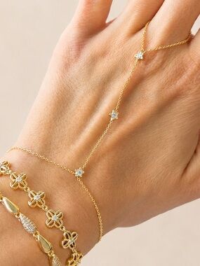 3/$40! 14K Gold Plated Dainty Flower Hand Chain Crystals Minimalist Floral Slave